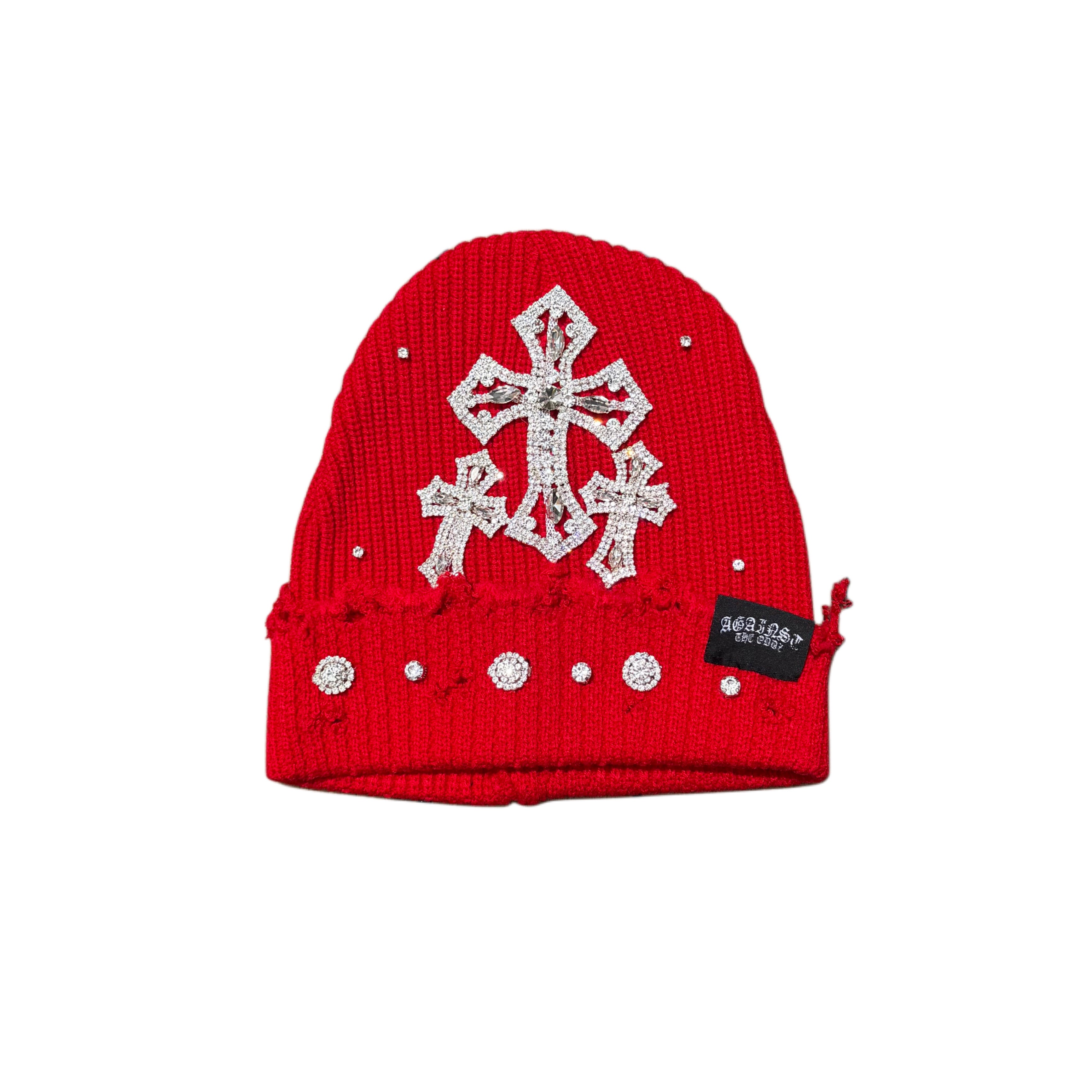 ATO SLMJ CROSS DISTRESSED RHINESTONE BEANIE - RED