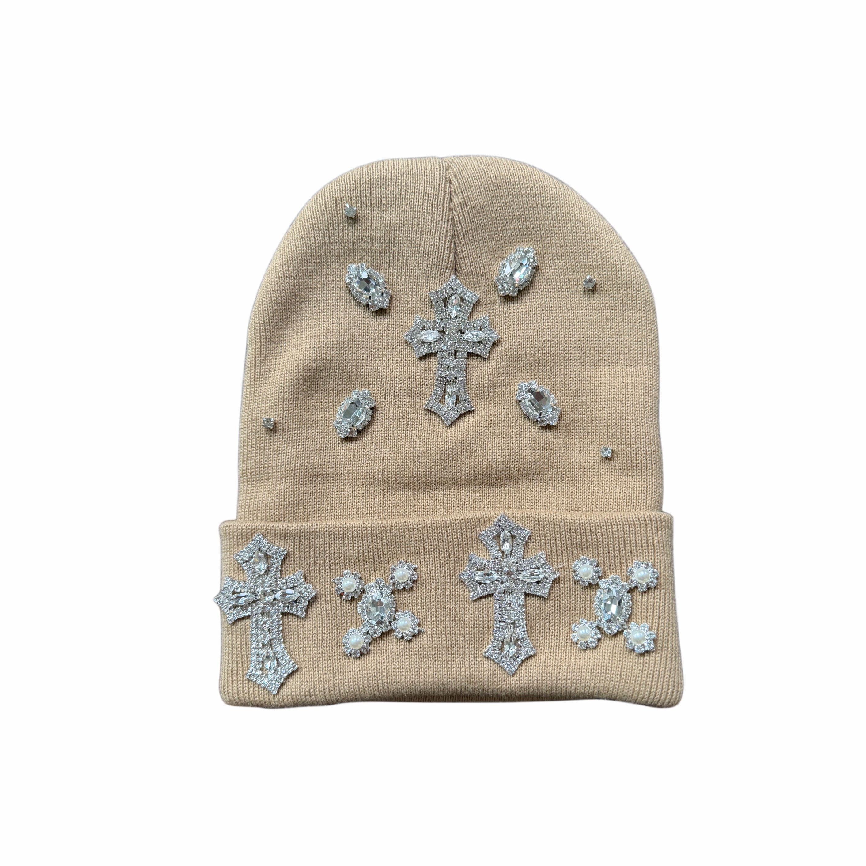 ATO SLMJ MULTI CROSS RHINESTONE BEANIE - KHAKI