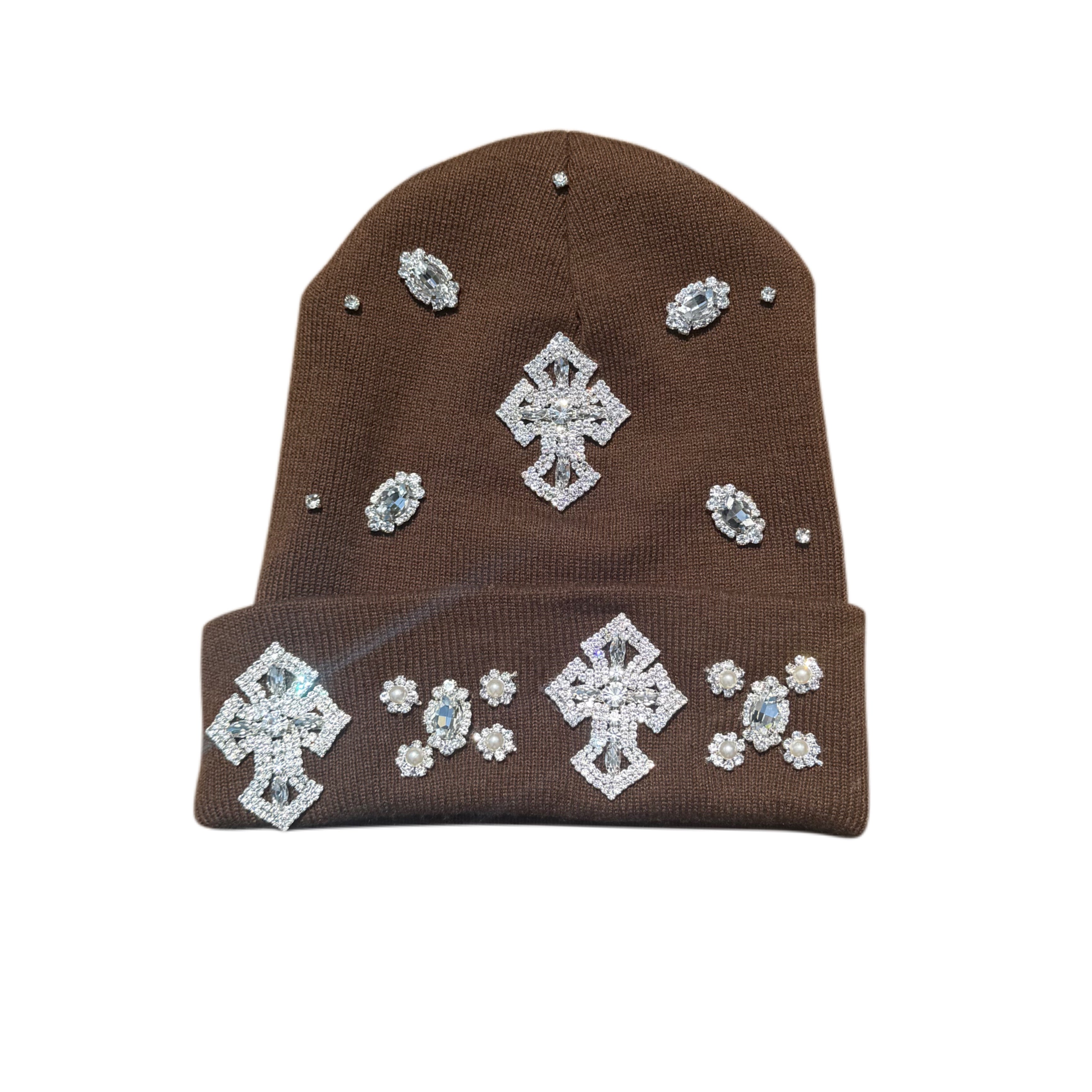 ATO SLMJ MULTI CROSS RHINESTONE BEANIE - BROWN