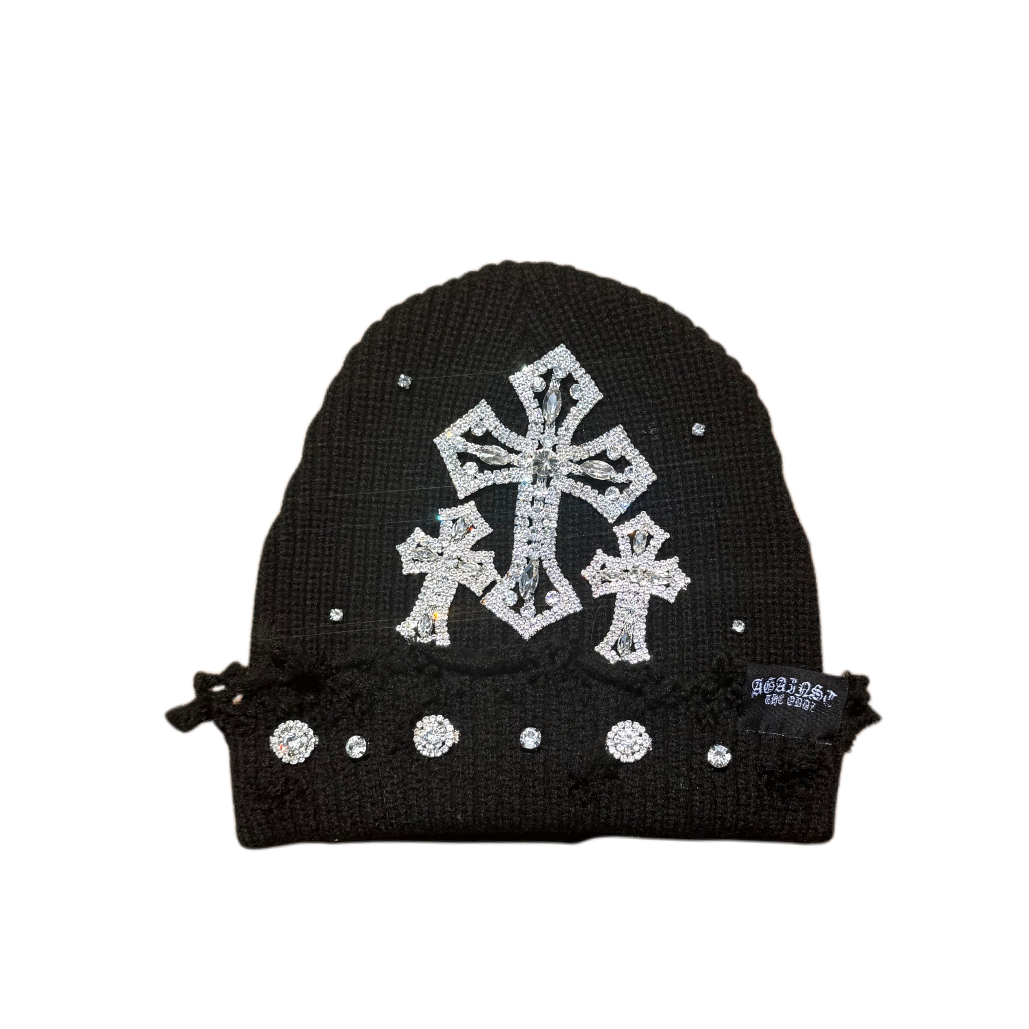 ATO SLMJ CROSS DISTRESSED RHINESTONE BEANIE - BLACK