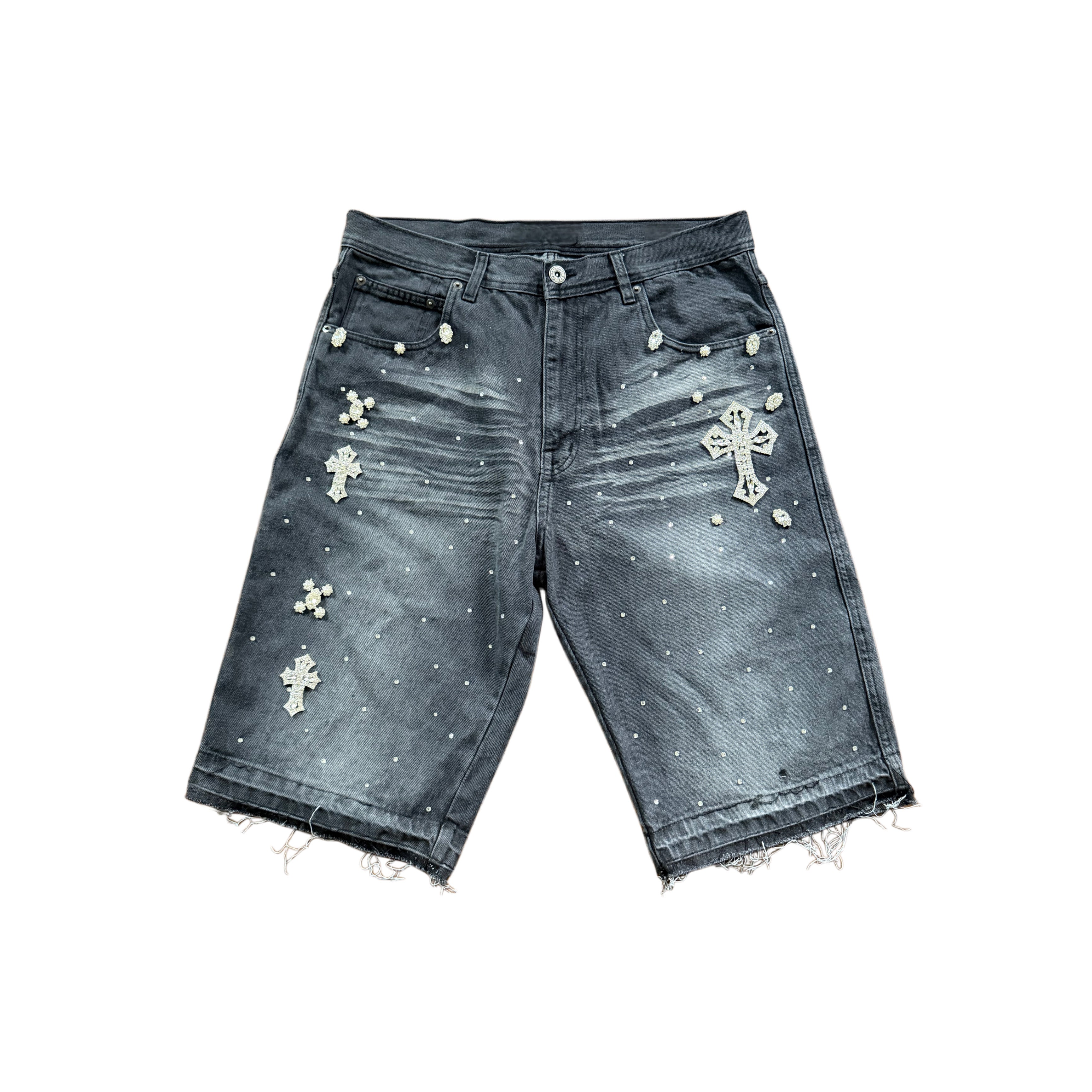 ATO SLMJ DISTRESSED RHINESTONES CROSS DENIM SHORTS - FADED BLACK