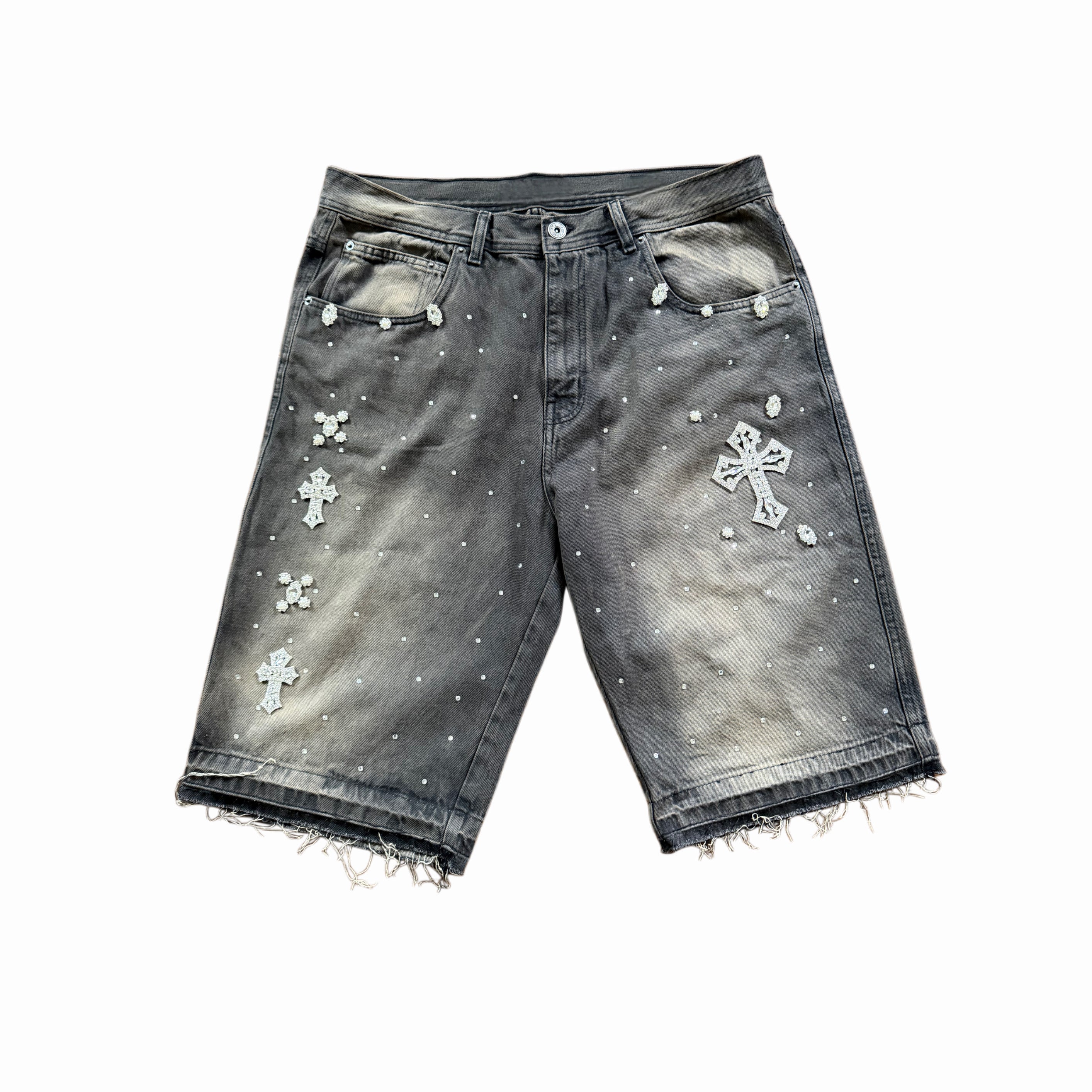 ATO SLMJ DISTRESSED RHINESTONES CROSS DENIM SHORTS - FADED BROWN