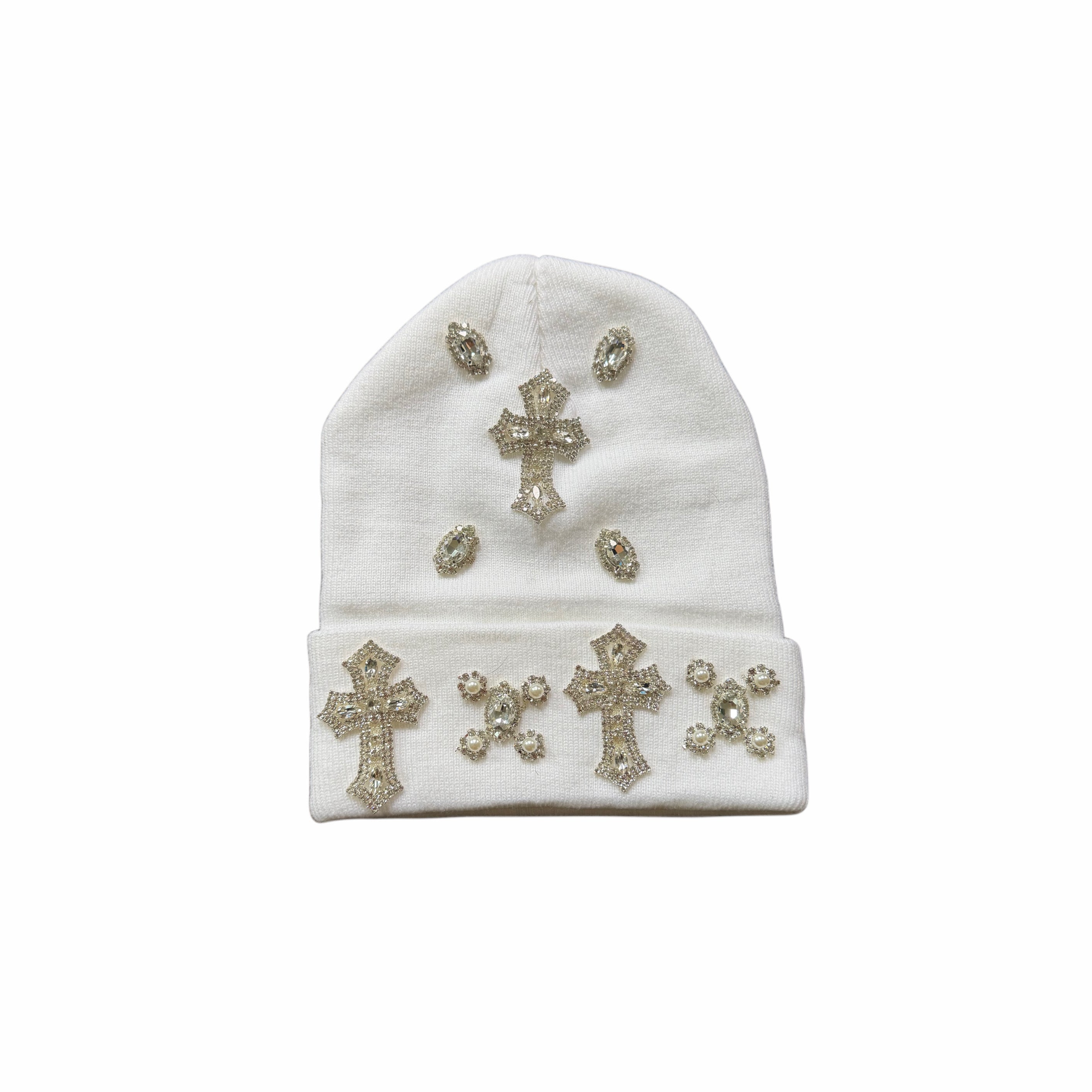 ATO SLMJ CROSS RHINESTONE BEANIE - WHITE