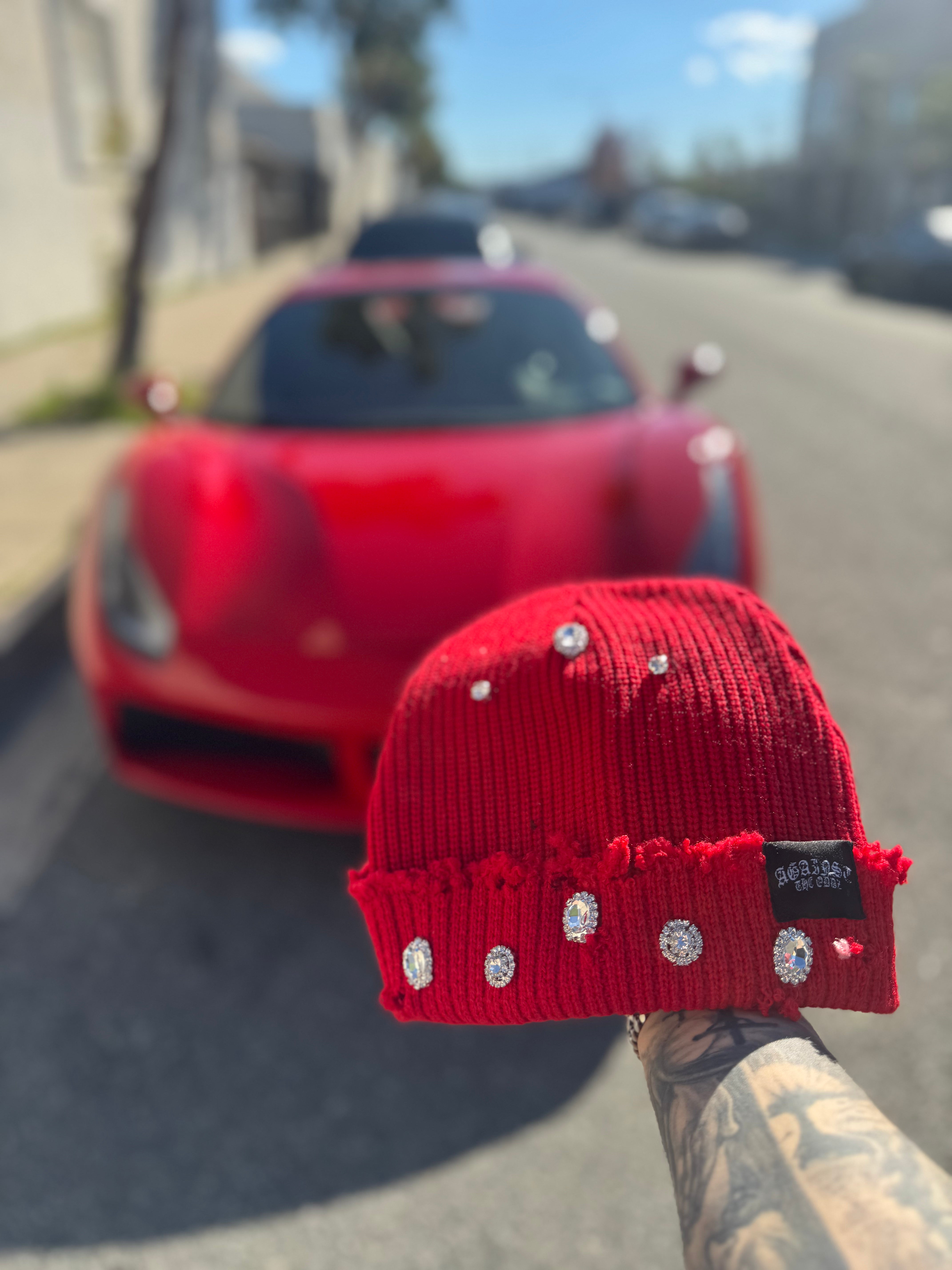 ATO RHINESTONE BEANIE - RED